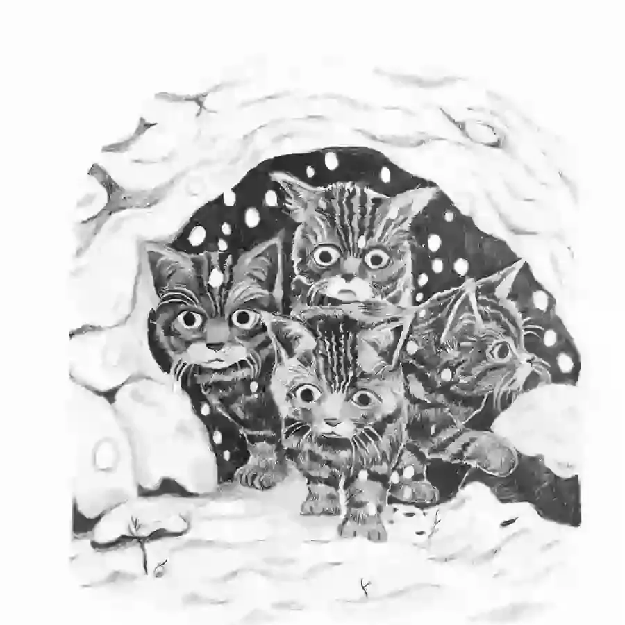 a black and white pencil drawing of wildcat kittens in a snow den for a children’s book 
